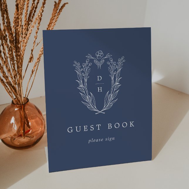 DAPHNE Dark Blue Botanical Wedding Guest Book Sign (DAPHNE Dark Blue Botanical Wedding Guest Book Sign)