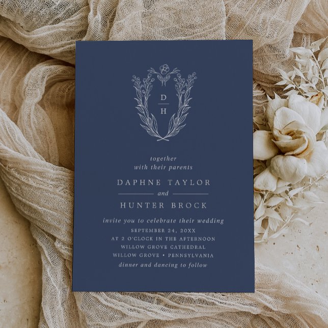 DAPHNE Dark Blue Silver Foil Botanical Wedding (DAPHNE Dark Blue Silver Foil Botanical Wedding Foil Invitation)