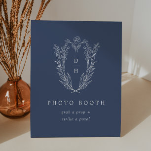 DAPHNE Dark Blue Simple Floral Wedding Photo Booth Pedestal Sign