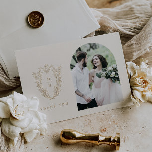 DAPHNE Flat Botanical Cream Gold Photo Wedding Thank You Card
