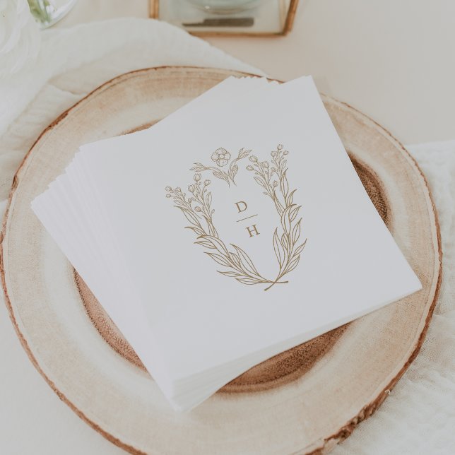 DAPHNE Floral Gold White Chic Classy Crest Wedding Napkin (DAPHNE Floral Gold White Chic Classy Crest Wedding Napkins)