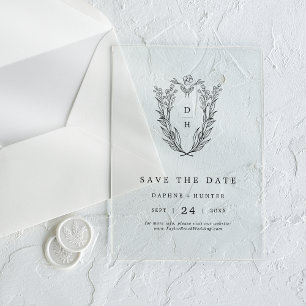 DAPHNE Floral Monogram Black Wedding Save The Date Acrylic Invitations