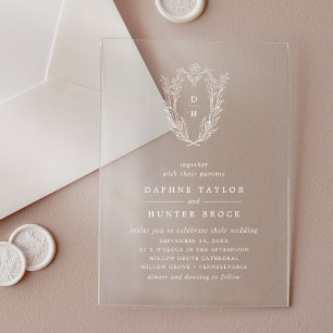 DAPHNE Floral Monogram White Boho Vintage Wedding Acrylic Invitations