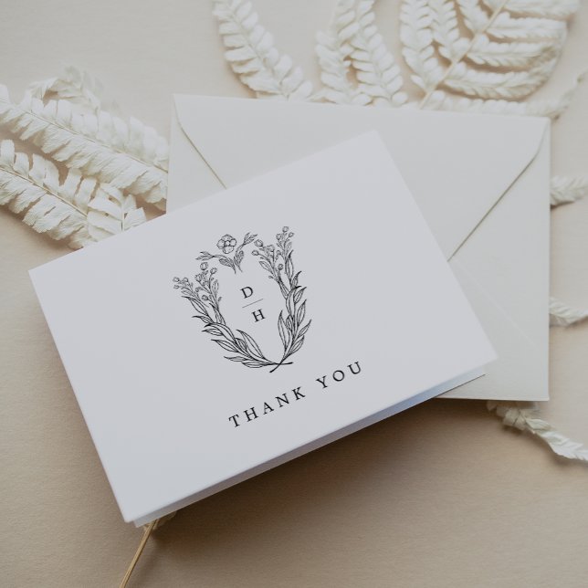 DAPHNE Folded Classic Black White Floral Wedding Thank You Card (DAPHNE Folded Classic Black White Floral Wedding Thank You Card)