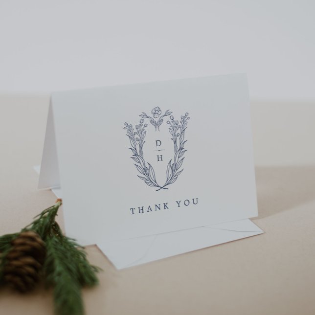 DAPHNE Folded White Blue Modern Botanical Wedding Thank You Card (DAPHNE Folded White Blue Modern Botanical Wedding Thank You Card)