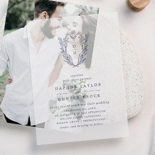 DAPHNE Navy Blue Botanical Simple Elegant Wedding Vellum Invitations