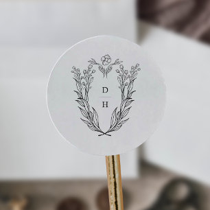 DAPHNE Simple Black White Vintage Wedding Monogram Classic Round Sticker