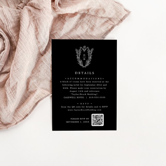 DAPHNE Simple Dark Black Botanical Wedding Details Enclosure Card (DAPHNE Simple Dark Black Botanical Wedding Details Enclosure Card)