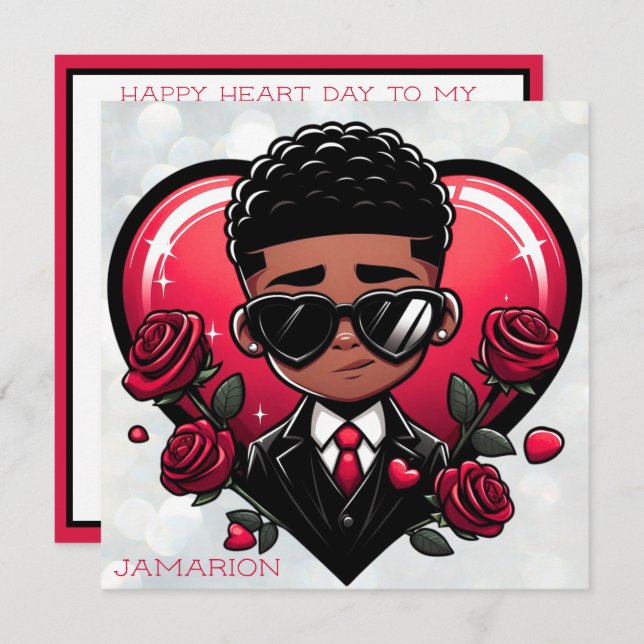 Dapper African American Boy Red Heart Valentine Card (Front/Back)