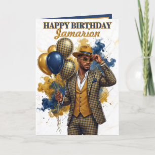 Dapper African American Man Navy Mustard Birthday Card