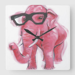 Dapper Animal   Pink Elephant In Eyeglasses Square Wall Clock