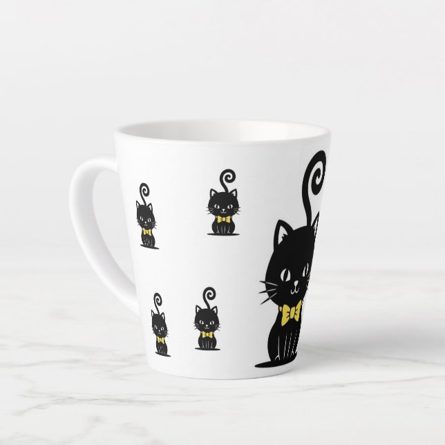 Dapper Black Cat Mug, Kitty with Bow Tie Latte Mug (Left Angle)