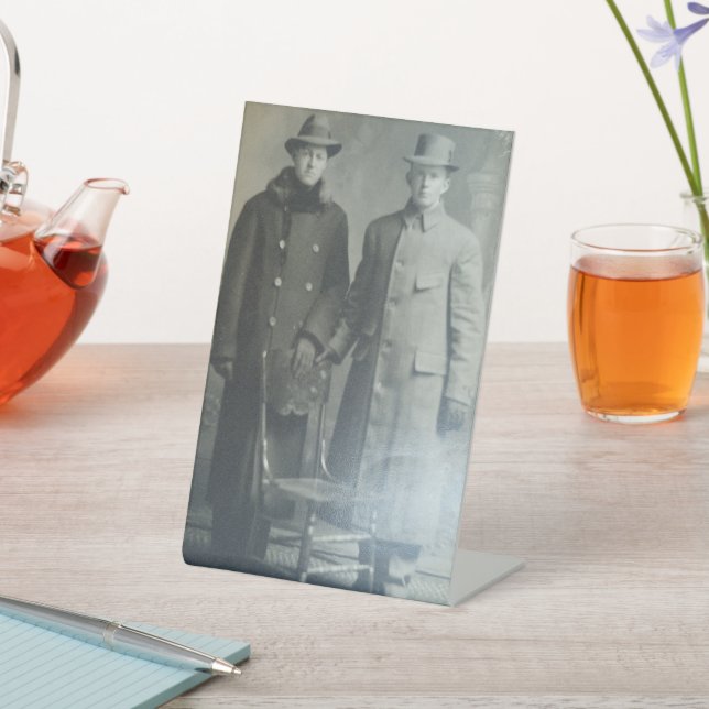 Dapper Brothers in Overcoats RPPC B&W Photo Image Pedestal Sign (In SItu)