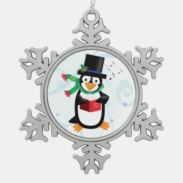 Dapper Caroling Penguin Snowflake Pewter Christmas Ornament (Front)