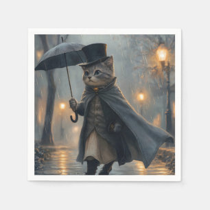 Dapper Cat Strolling in the Rain with an Umbrella Napkin