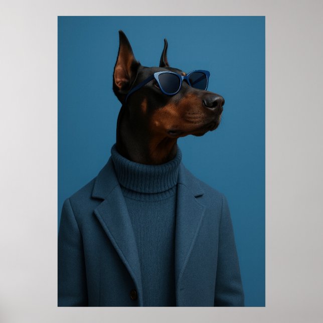 Dapper Doberman in Blue Turtleneck and Sunglasses Poster (Front)