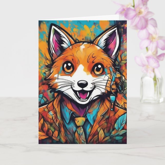 Dapper Fox – Whimsical Animal Art  Card (Orchid)