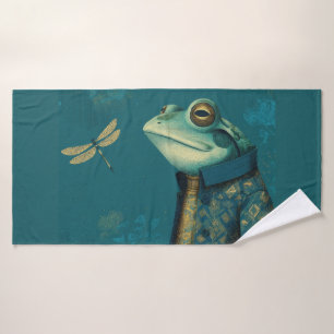 Dapper Frog & Dragonfly - Surreal Vintage Animal  Bath Towel