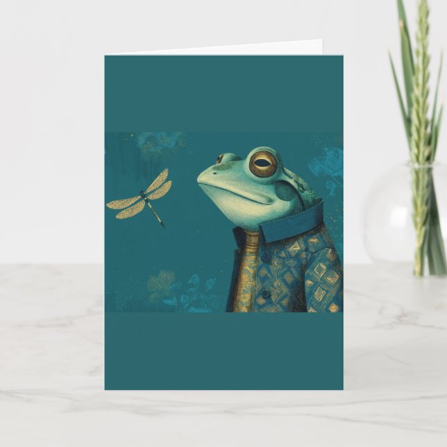 Dapper Frog & Dragonfly - Surreal Vintage Animal  Card (Front)