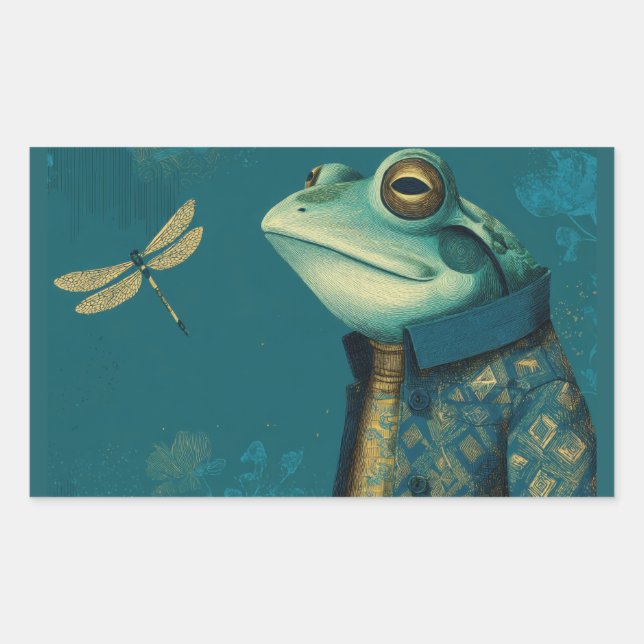 Dapper Frog & Dragonfly - Surreal Vintage Animal  Rectangular Sticker (Front)