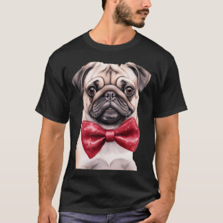 Dapper Pug: Adorable Dog Portrait with Red Bowtie, T-Shirt