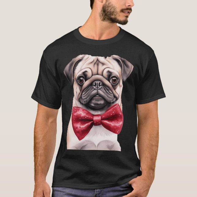 Dapper Pug: Adorable Dog Portrait with Red Bowtie, T-Shirt (Front)