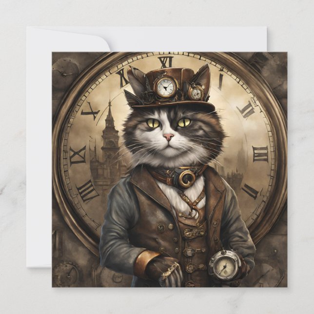  Dapper Steampunk Calico Cat Holiday Card (Front)