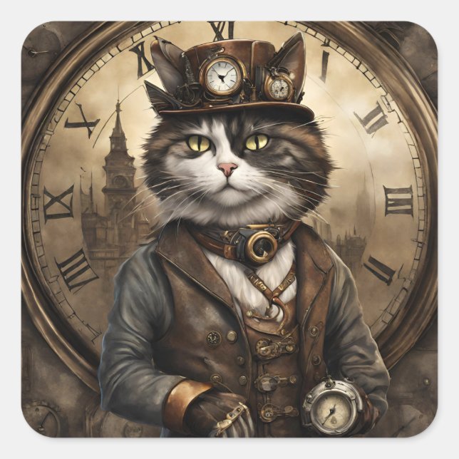  Dapper Steampunk Calico Cat Square Sticker (Front)