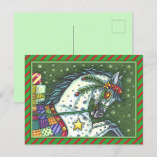 DAPPLE GREY IN A ONE HORSE OPEN SLEIGH, COLORFUL HOLIDAY POSTCARD
