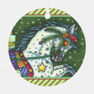 DAPPLE GREY IN A ONE HORSE OPEN SLEIGH, COLORFUL METAL TREE DECORATION