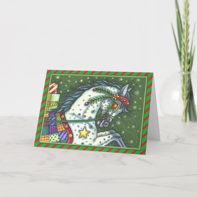 DAPPLE GREY IN A ONE HORSE OPEN SLEIGH With Verse Holiday Card (Front)