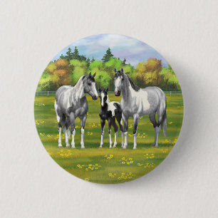 Dapple Grey Pinto Paint Horses In Summer Pasture 6 Cm Round Badge