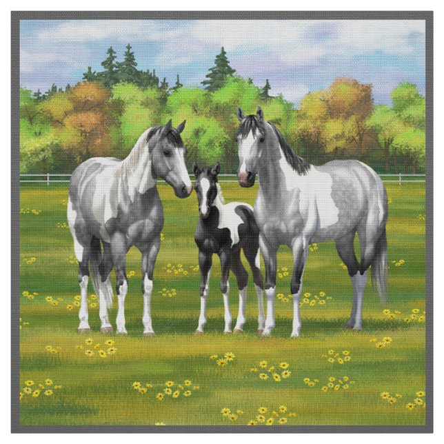 Dapple Grey Pinto Paint Horses In Summer Pasture Fabric (Swatch)