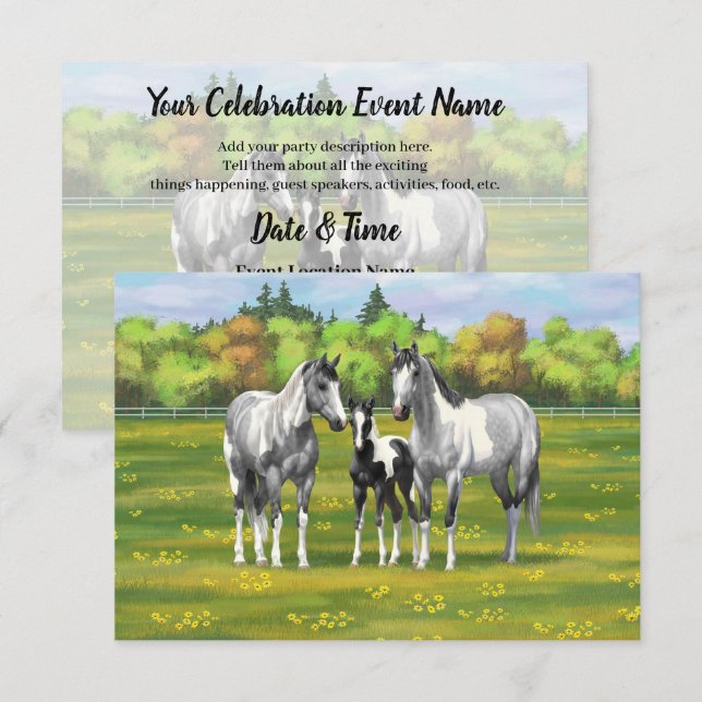 Dapple Grey Pinto Paint Horses In Summer Pasture Invitation (Front/Back)