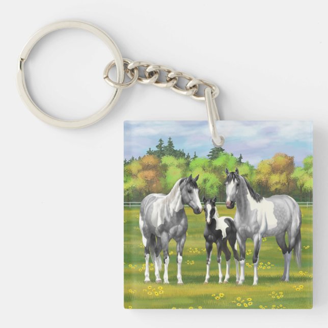 Dapple Grey Pinto Paint Horses In Summer Pasture Key Ring (Front)