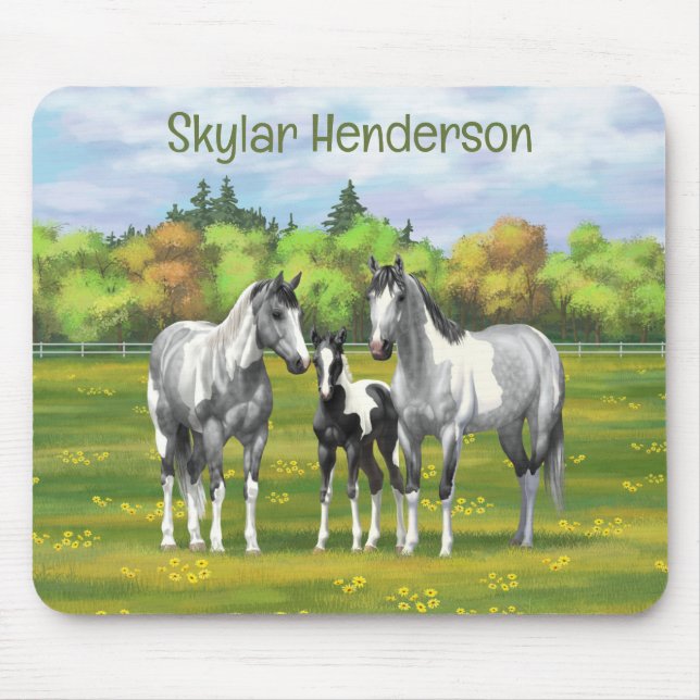 Dapple Grey Pinto Paint Horses In Summer Pasture Mouse Pad (Front)