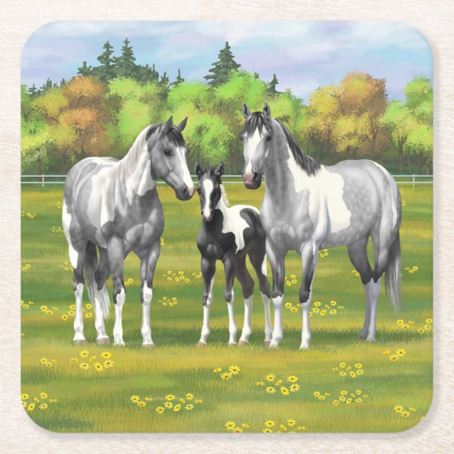 Dapple Grey Pinto Paint Horses In Summer Pasture Square Paper Coaster (Front)