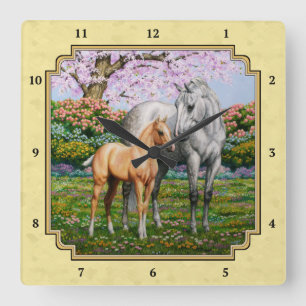 Dapple Grey Quarter Horse Mare Palomino Foal Square Wall Clock