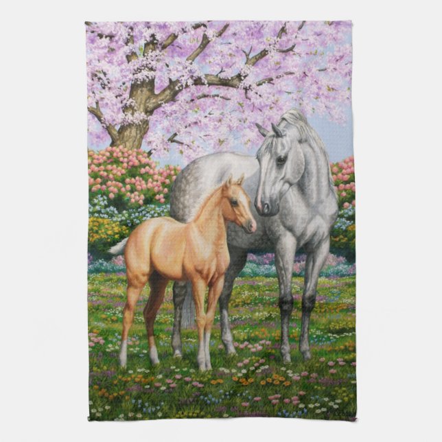 Dapple Grey Quarter Horse Mare Palomino Foal Tea Towel (Vertical)