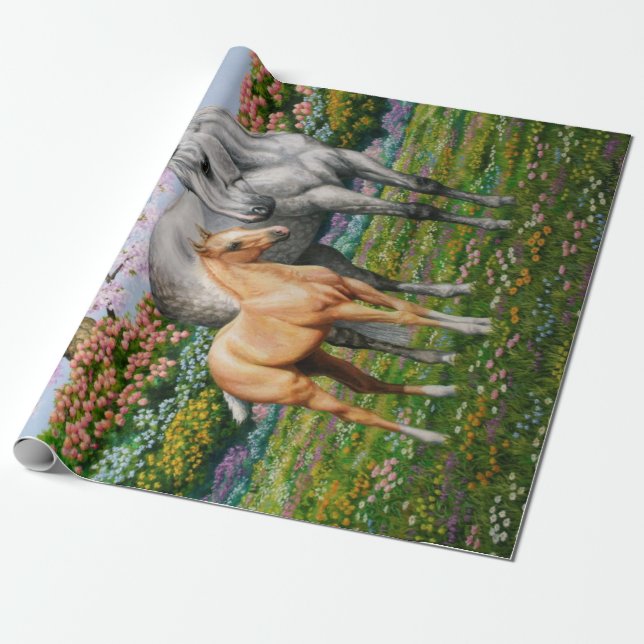 Dapple Grey Quarter Horse Mare Palomino Foal Wrapping Paper (Unrolled)