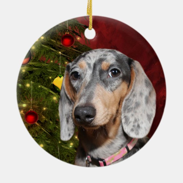 Dappled Dachshund Christmas Ceramic Tree Decoration (Back)