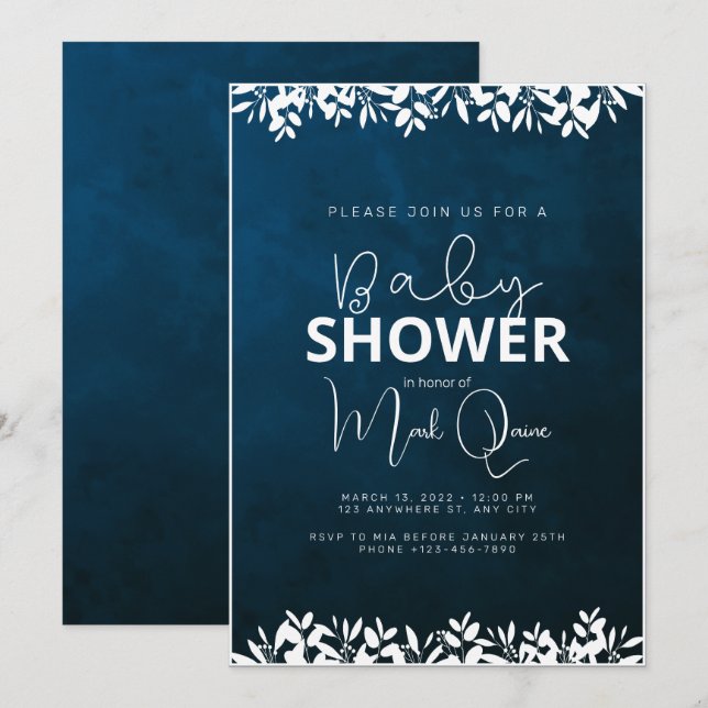 Darck Blue Minimalist Baby Shower Invitation (Front/Back)