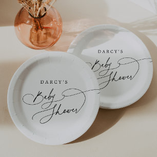 DARCY Modern Minimalist Black White Baby Shower Paper Plate