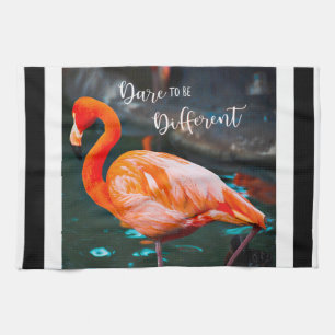 “Dare” Quote Orange Flamingo Photo & Black Stripes Tea Towel