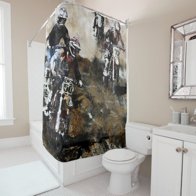"Dare to Race" Motocross Dirt-Bike Racers Shower Curtain (In Situ)