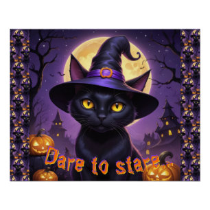 Dare To Stare Black Cat Witch Hat Orange Pumpkin  Poster