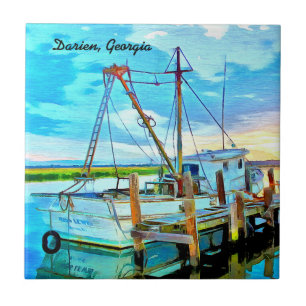 Darien Shrimp Boat Fleet with Darien, Georgia Text Tile