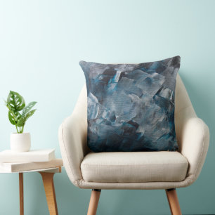 Dark Abstract Brushstrokes in Blue and Grey Tones Cushion