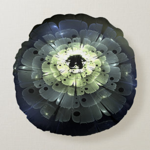 Dark Abstract Fractal Flower Round Cushion