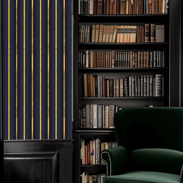Dark Academia Alternating Blues and Gold Stripes Wallpaper (Dark Academia Alternating Blues and Gold Stripes Wallpaper in a library.)